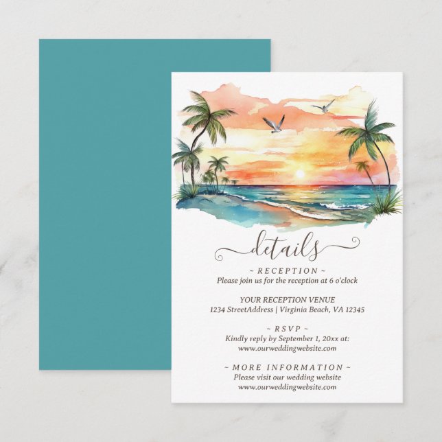 Watercolor Tropical Beach Sunset Wedding Details Enclosure Card (Front/Back)