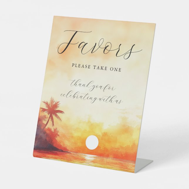 Watercolor Tropical Beach Sunset Wedding Favours Pedestal Sign (Front)