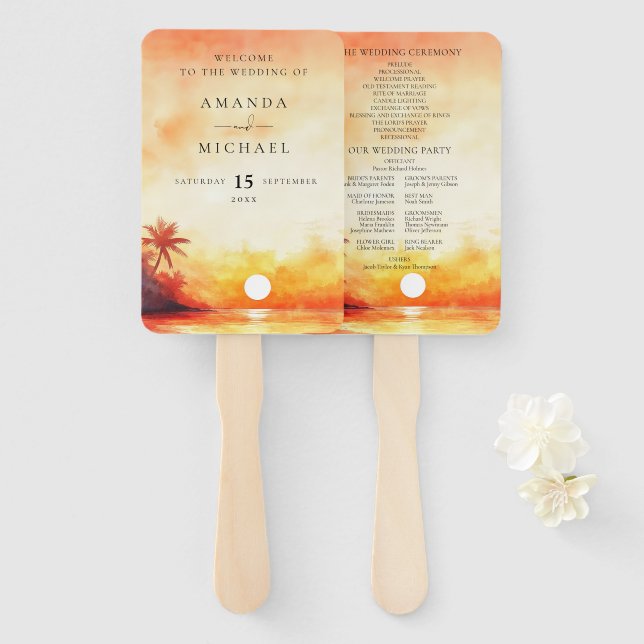 Watercolor Tropical Beach Sunset Wedding Program Hand Fan (Front and Back)
