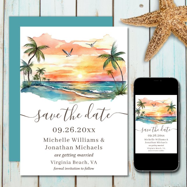 Watercolor Tropical Beach Sunset Wedding Save The Date (Printed and Digital - Watercolor Tropical Beach Sunset Wedding Save The Date)