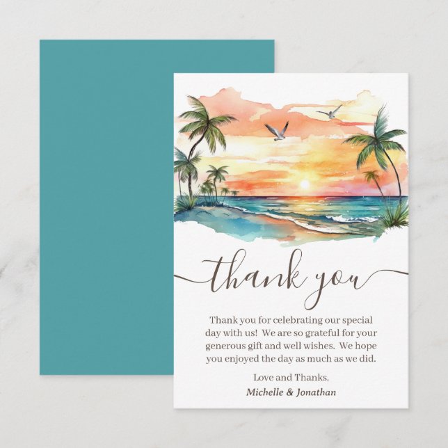 Watercolor Tropical Beach Sunset Wedding Thank You Card (Front/Back)