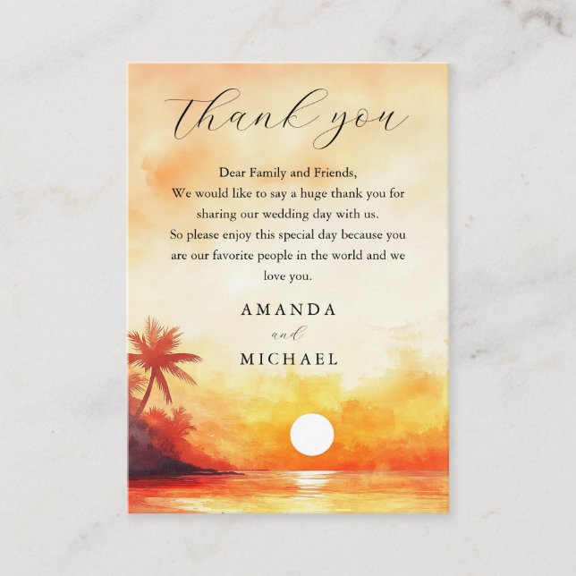 Watercolor Tropical Beach Sunset Wedding Thank You Place Card (Front)