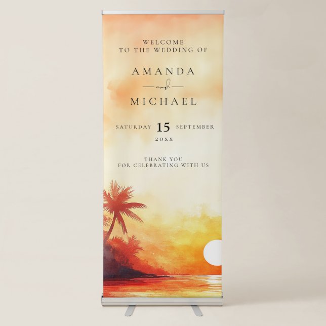 Watercolor Tropical Beach Sunset Wedding Welcome Retractable Banner (Front)