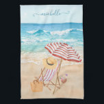 Watercolor Tropical Beach  Tea Towel<br><div class="desc">Yours to always enjoy -- peaceful, serene, calm -- this lovely watercolor tropical scene -- beach; chair; umbrella -- hat and bag -- you can always be there -- and personalise your name or as a gift. Any design questions, just send an email to charmdesignstudio@rcn.com and we'll be delighted to...</div>