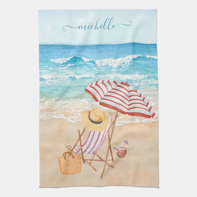 Watercolor Tropical Beach  Tea Towel (Vertical)