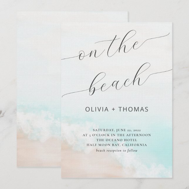 Watercolor Tropical Beach Wave Calligraphy Wedding Invitation (Front/Back)