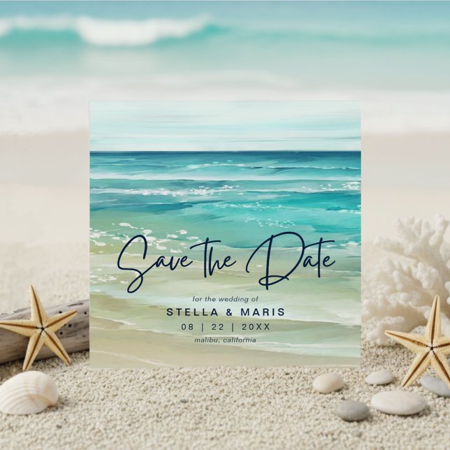 Watercolor Tropical Beach Waves Save The Date (Creator Uploaded)