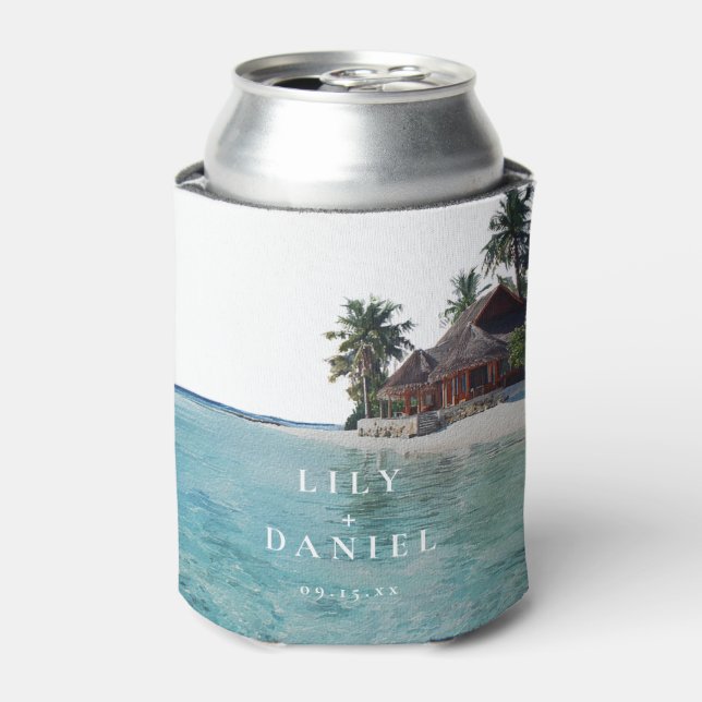 Watercolor Tropical Beach Wedding Can Cooler (Can Front)