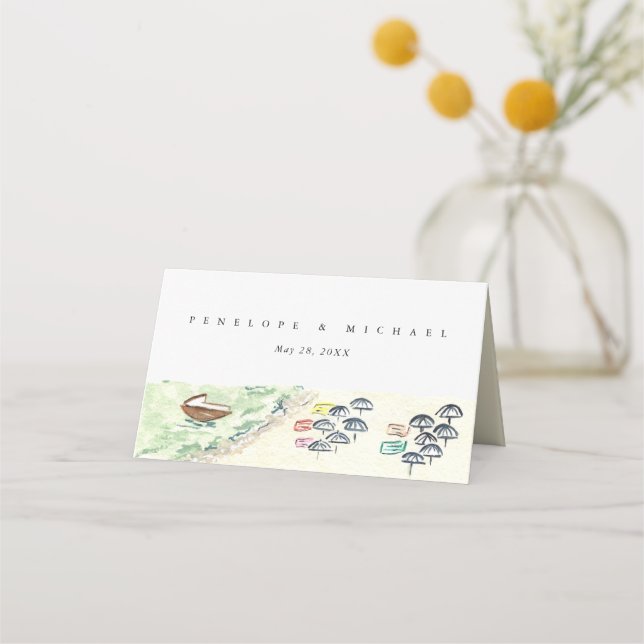 Watercolor Tropical Beach Wedding Folded Place Card (Back)