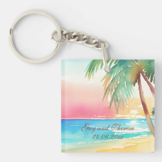 Watercolor Tropical Beach Wedding Key Ring