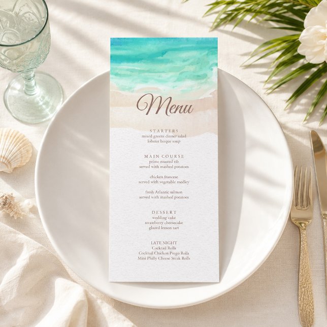 Watercolor Tropical Beach Wedding Menu Card (Watercolor Tropical Beach Wedding Menu Card)