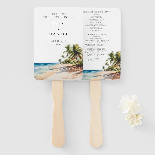 Watercolor Tropical Beach Wedding Program Hand Fan (Front and Back)