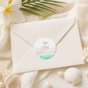 Watercolor Tropical Beach Wedding Round Sticker