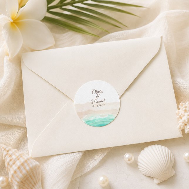 Watercolor Tropical Beach Wedding Round Sticker (Watercolor Tropical Beach Wedding Round Sticker)