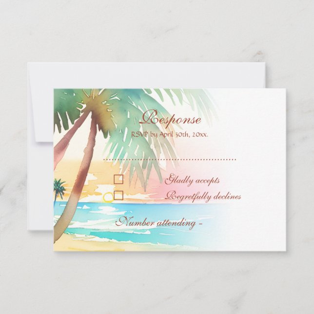 Watercolor Tropical Beach Wedding RSVP Card (Front)
