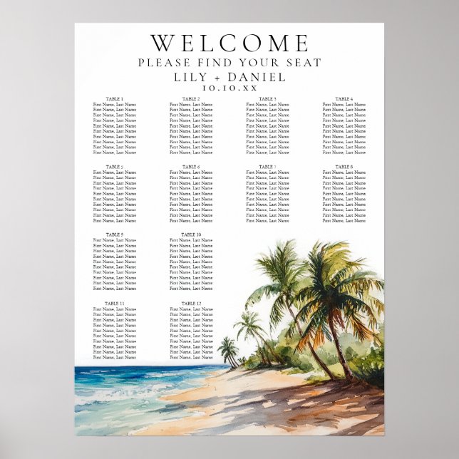 Watercolor Tropical Beach Wedding Seating Chart (Front)