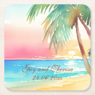 Watercolor Tropical Beach Wedding Square Paper Coaster