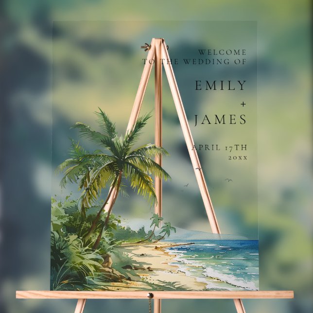 Watercolor Tropical Beach Wedding Welcome Acrylic Sign (Neutral)