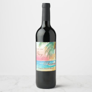 Watercolor Tropical Beach Wedding Wine Label