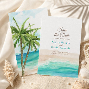 Watercolor Tropical Beach with Palm Trees Save The Date
