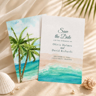 Watercolor Tropical Beach with Palm Trees Save The Date