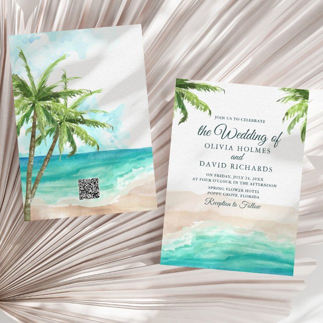 Watercolor Tropical Beach with QR Code Wedding Invitation (Watercolor Tropical Beach with QR Code Wedding Invitation on a sunny neutral dry palm leaf.)