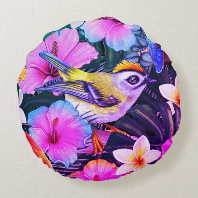 Watercolor Tropical Bird Floral Print Round Pillow (Back)