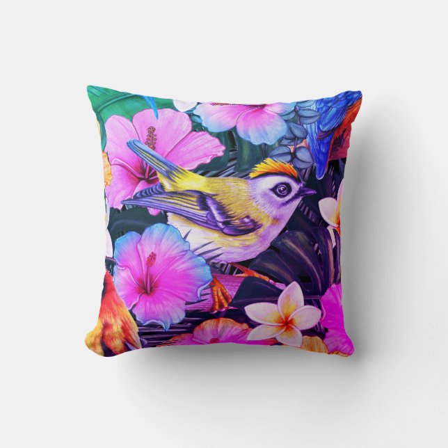 Watercolor Tropical Bird Floral Print Throw Pillow (Front)