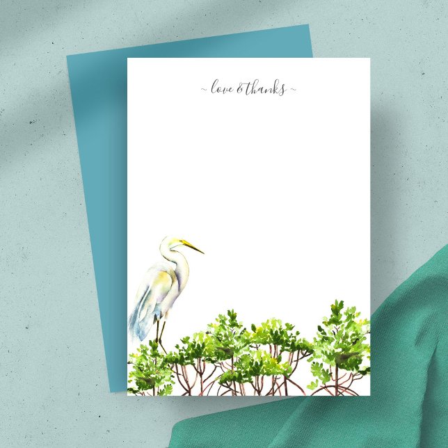 Watercolor Tropical Bird Personalised Stationery Card (Thank you card features tropical watercolor art by Victoria Grigaliunas great white heron mangroves)