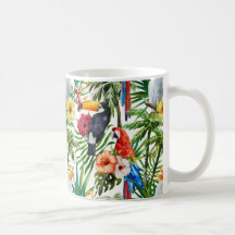 Watercolor tropical birds and foliage pattern