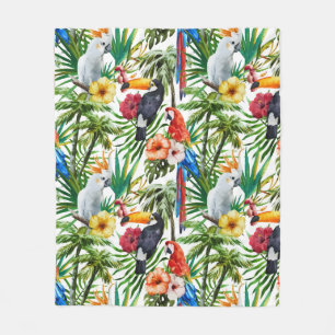 Watercolor tropical birds and foliage pattern fleece blanket