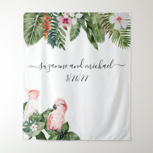 Watercolor Tropical Birds Pink Calligraphy Tapestry