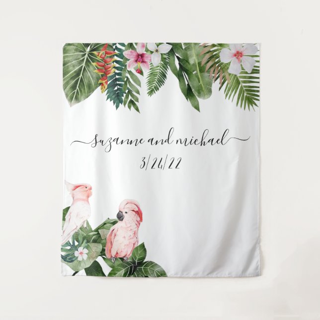 Watercolor Tropical Birds Pink Calligraphy Tapestry (Front)