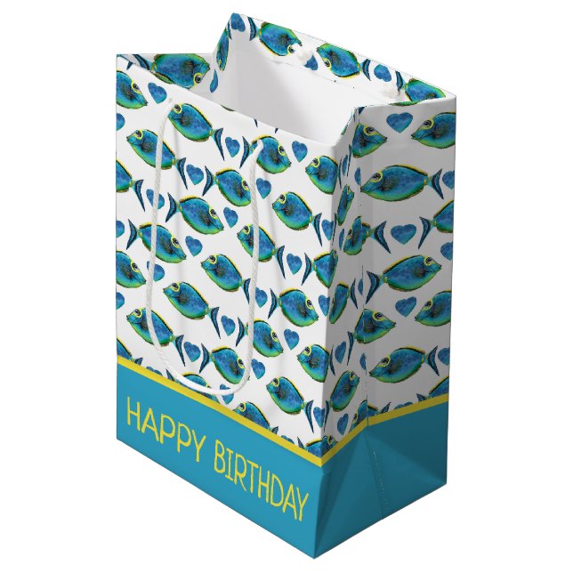 Watercolor Tropical Blue Fish and Hearts Medium Gift Bag (Front Angled)
