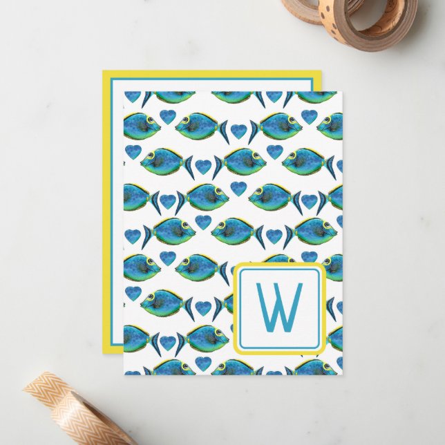 Watercolor Tropical Blue Fish and Hearts Monogram Card (Front/Back In Situ)