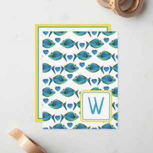 Watercolor Tropical Blue Fish and Hearts Monogram Card