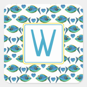 Watercolor Tropical Blue Fish and Hearts Monogram Square Sticker