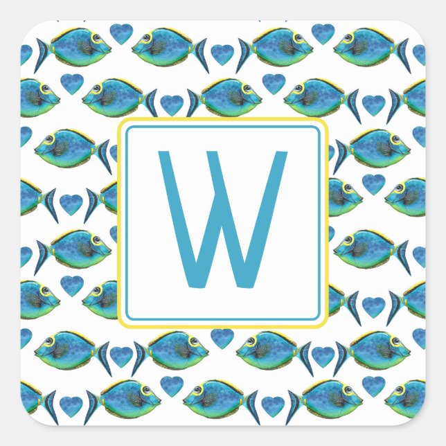 Watercolor Tropical Blue Fish and Hearts Monogram Square Sticker (Front)