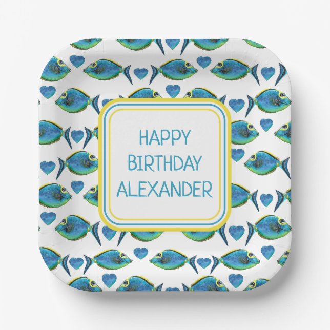 Watercolor Tropical Blue Fish and Hearts Paper Plate (Front)