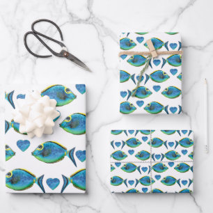 Watercolor Tropical Blue Fish and Hearts Wrapping Paper Sheet