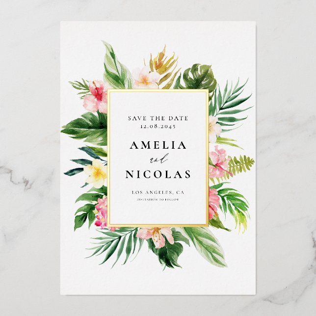 Watercolor Tropical Botanical Frame Save The Date (Front)