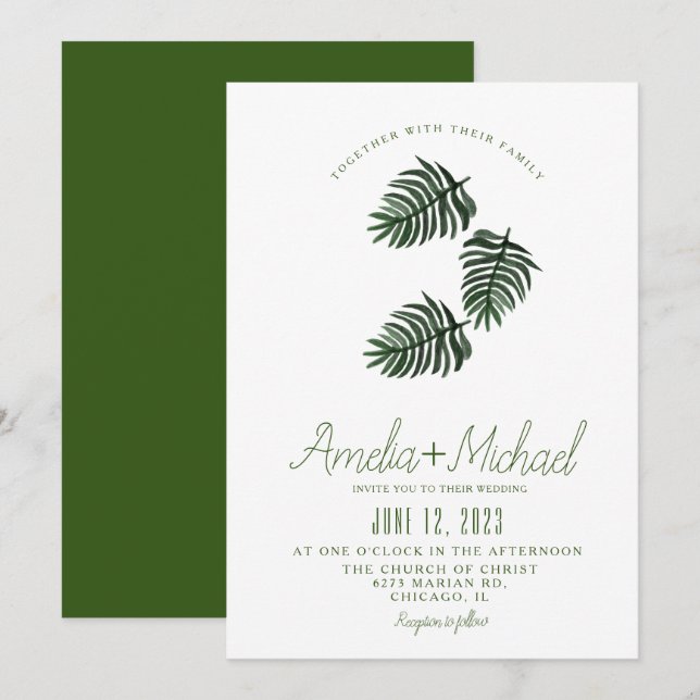 Watercolor Tropical Botanical Green Palm Wedding Invitation (Front/Back)