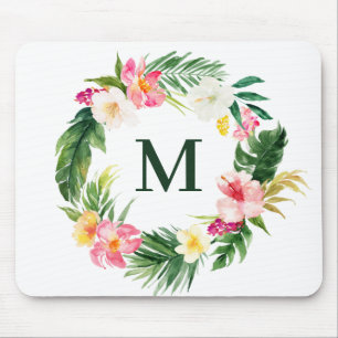 Watercolor Tropical Botanical Wreath Monogram Mouse Mat