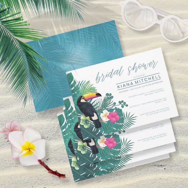 Watercolor Tropical Bridal Shower Teal ID577 Invitation (Front/Back In Situ)