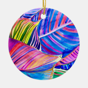 Watercolor tropical canna leaves ceramic tree decoration