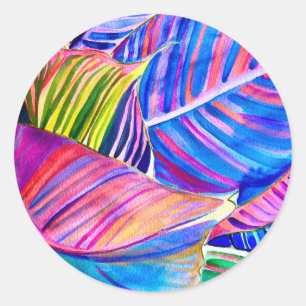 Watercolor tropical canna leaves classic round sticker