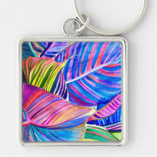 Watercolor tropical canna leaves key ring