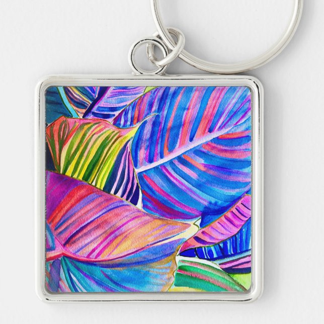 Watercolor tropical canna leaves key ring (Front)