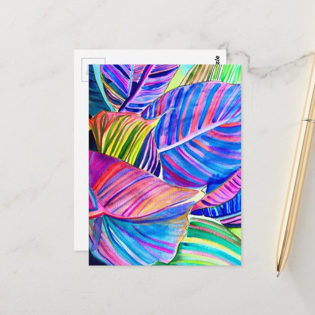 Watercolor tropical canna leaves postcard (Front/Back In Situ)