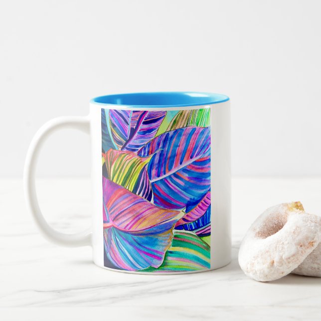 Watercolor tropical canna leaves Two-Tone coffee mug (With Donut)